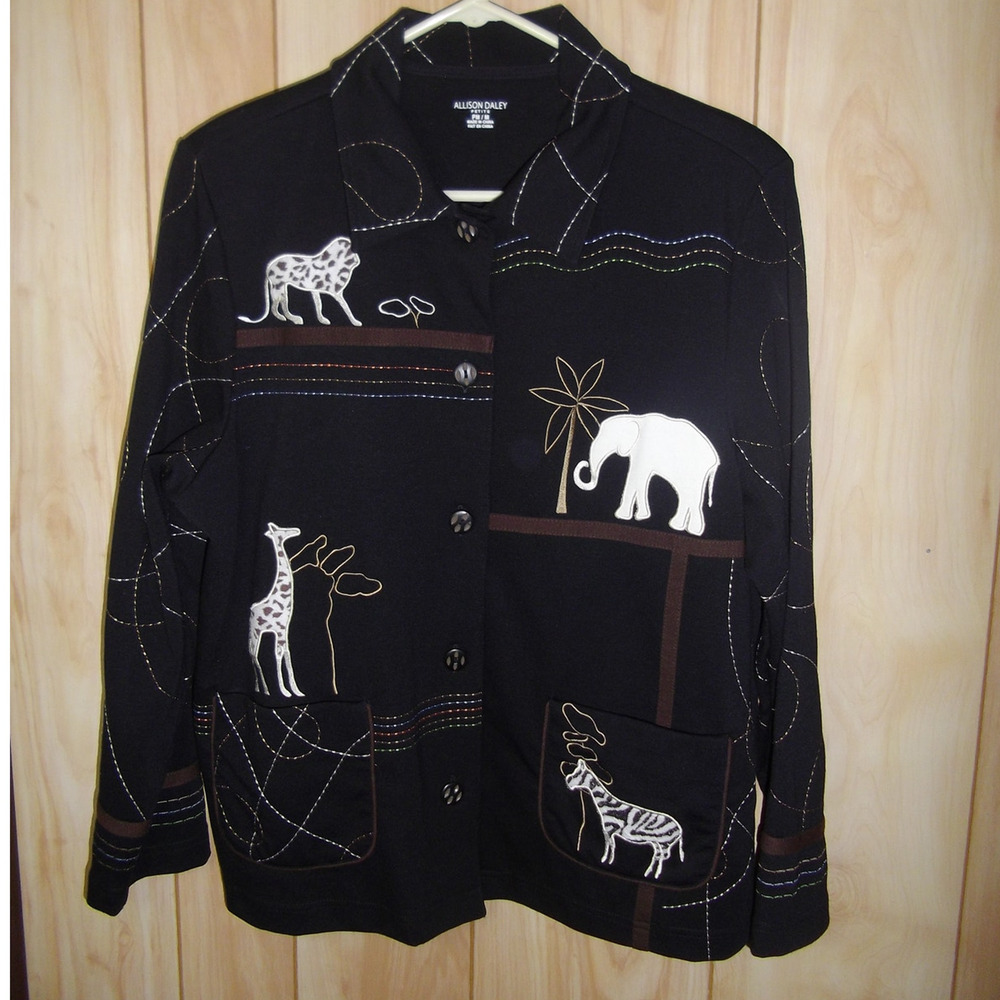 Vintage Allison Daley Embroidered Safari Animal Jacket Black Knit Blazer XL
